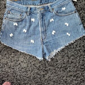 Levi's Blue and White Jean Shorts with Distressed Hem